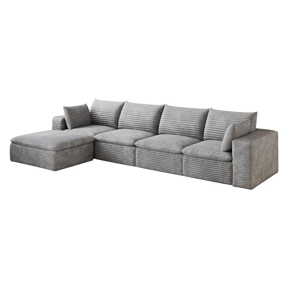 134" Gray Corduroy Modular Sofa With Ottoman And Toss Pillows