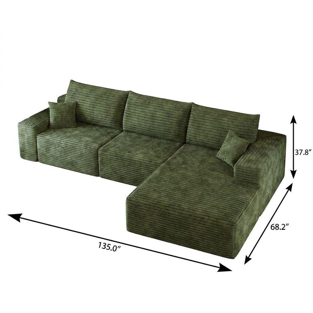 Green Corduroy Modular L Shaped Sofa and Chaise Sectional