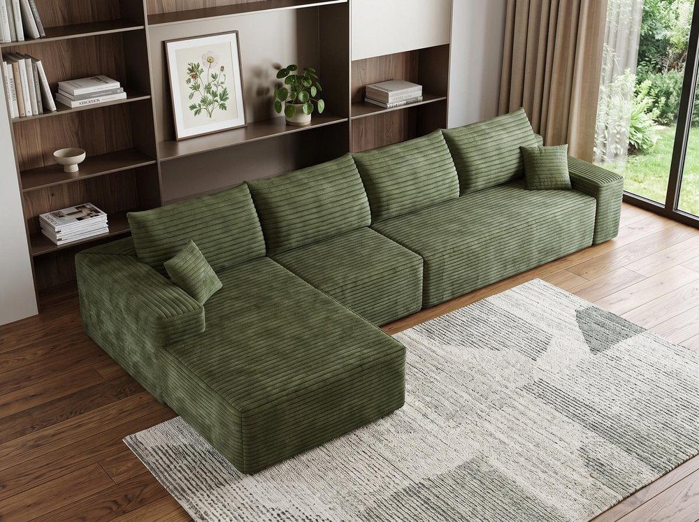 Green Corduroy Modular L Shaped Sofa and Chaise Sectional
