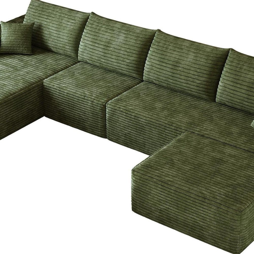 135" Black Corduroy Modular Chaise Style Sofa With Ottoman And Toss Pillows