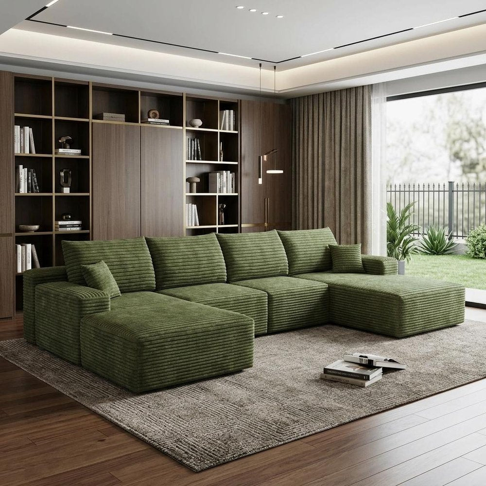 135" Black Corduroy Modular Chaise Style Sofa With Ottoman And Toss Pillows