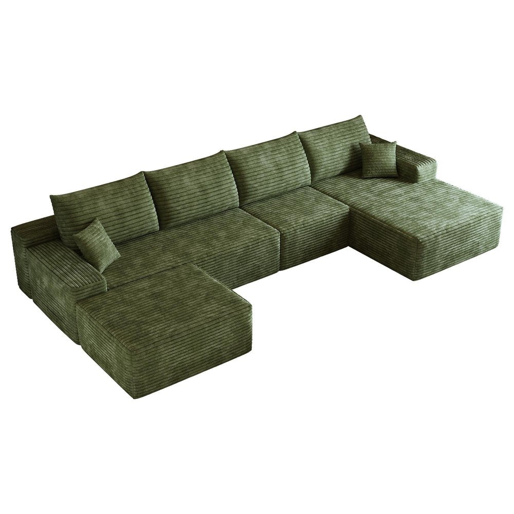 135" Black Corduroy Modular Chaise Style Sofa With Ottoman And Toss Pillows