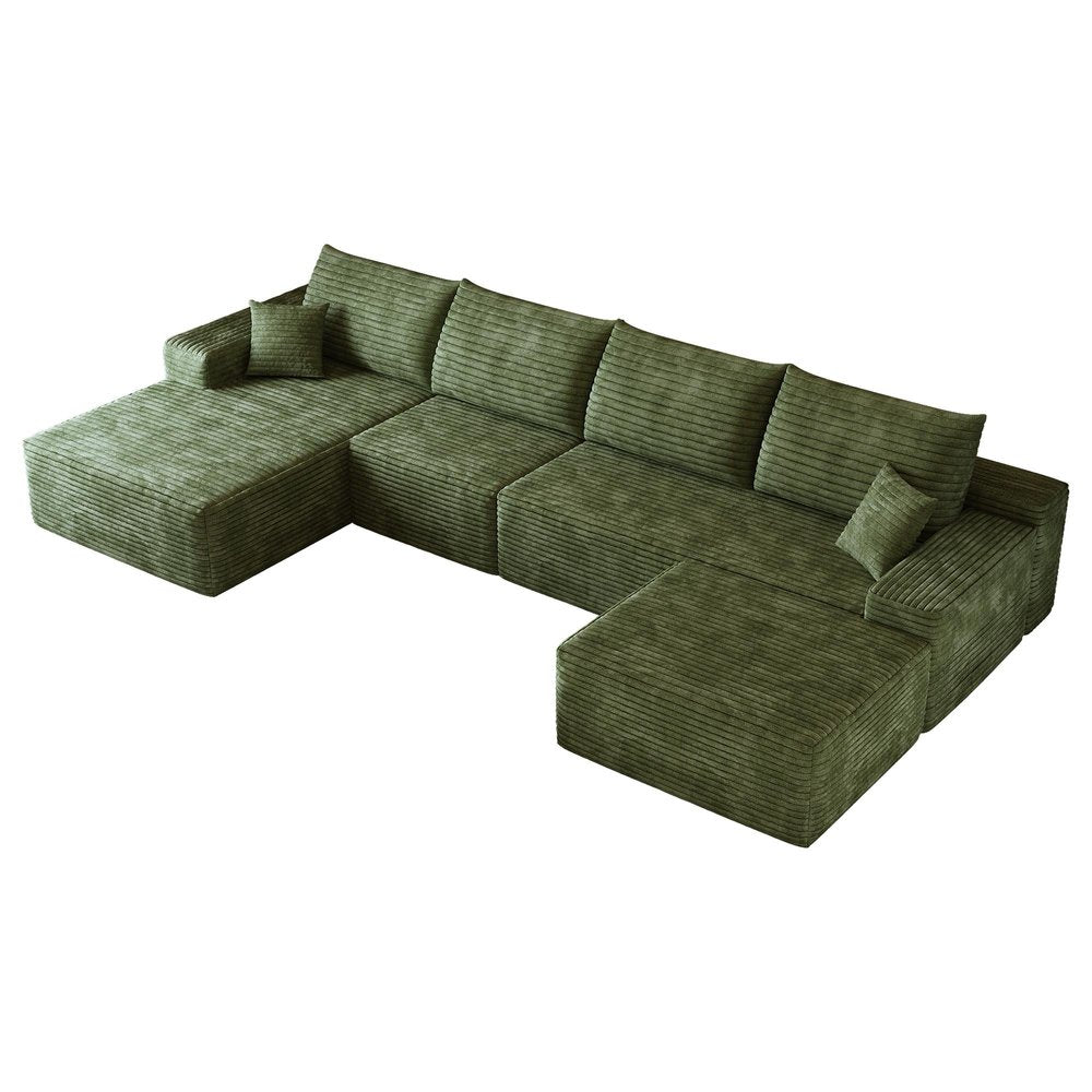 135" Black Corduroy Modular Chaise Style Sofa With Ottoman And Toss Pillows