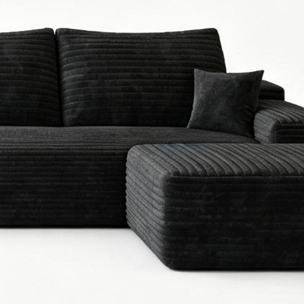 135" Black Corduroy Modular Chaise Style Sofa With Ottoman And Toss Pillows