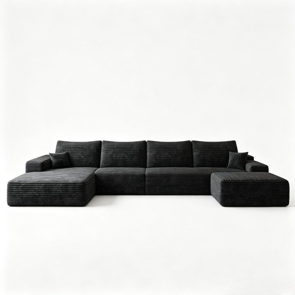 135" Black Corduroy Modular Chaise Style Sofa With Ottoman And Toss Pillows
