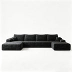 135" Black Corduroy Modular Chaise Style Sofa With Ottoman And Toss Pillows