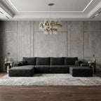 135" Black Corduroy Modular Chaise Style Sofa With Ottoman And Toss Pillows
