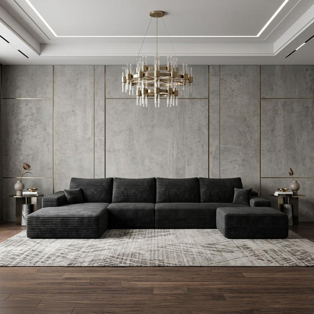 135" Black Corduroy Modular Chaise Style Sofa With Ottoman And Toss Pillows