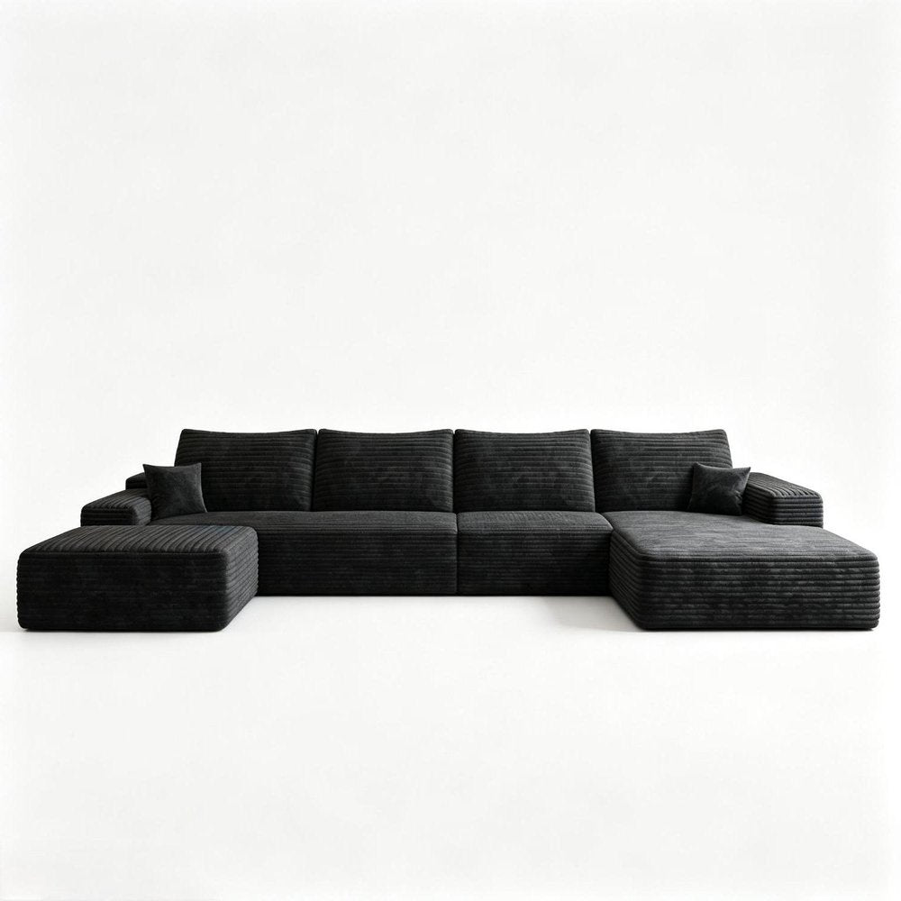 135" Black Corduroy Modular Chaise Style Sofa With Ottoman And Toss Pillows