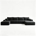 135" Black Corduroy Modular Chaise Style Sofa With Ottoman And Toss Pillows