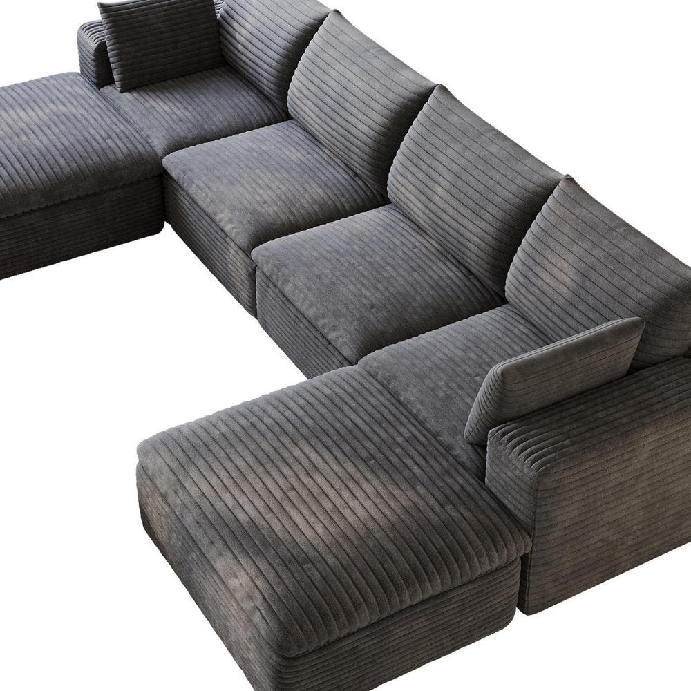 134" Dark Gray Corduroy Modular Sofa With Ottoman And Toss Pillows