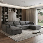 134" Dark Gray Corduroy Modular Sofa With Ottoman And Toss Pillows