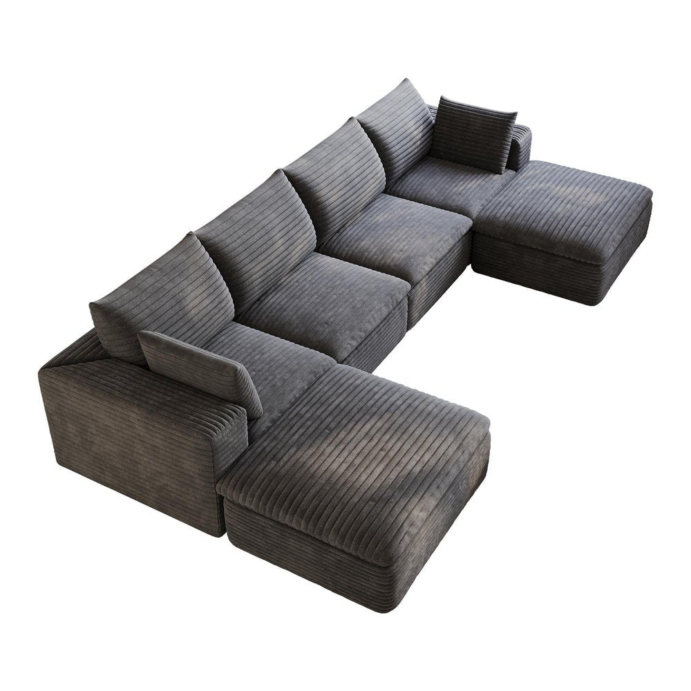 134" Dark Gray Corduroy Modular Sofa With Ottoman And Toss Pillows