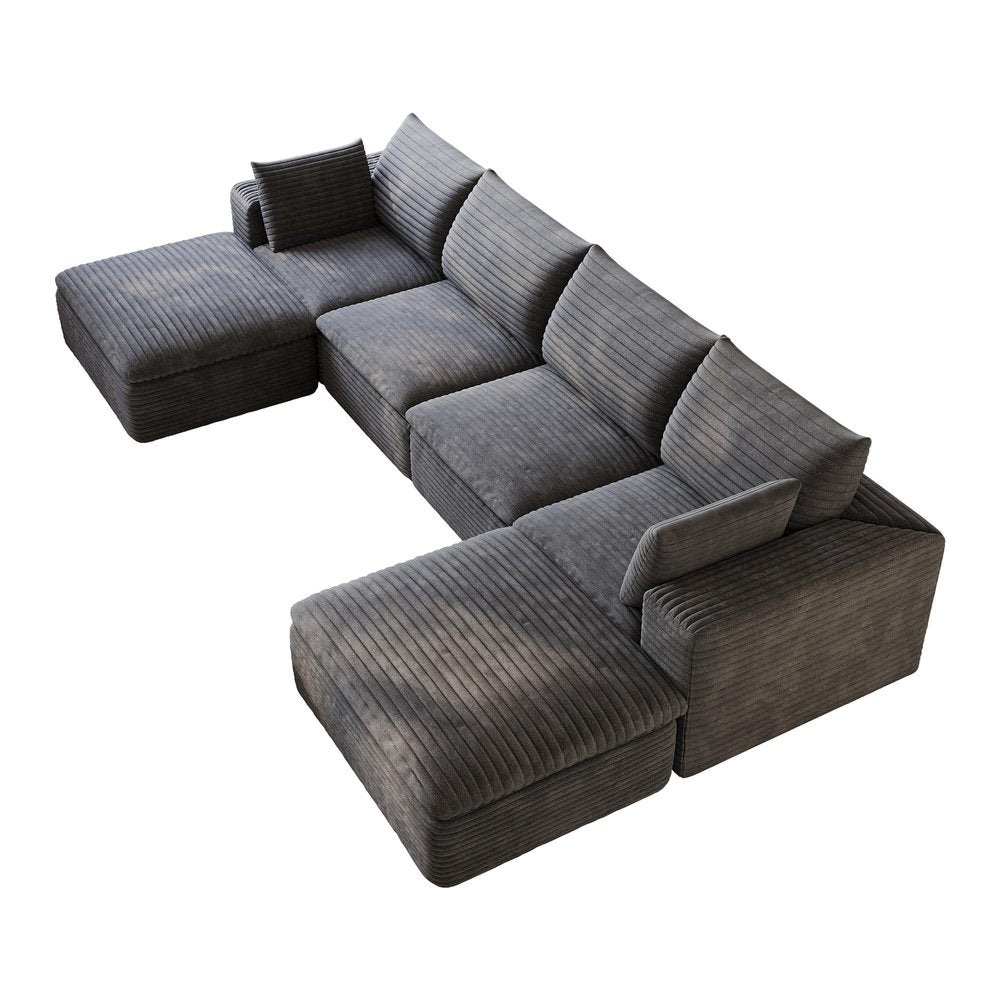 134" Dark Gray Corduroy Modular Sofa With Ottoman And Toss Pillows