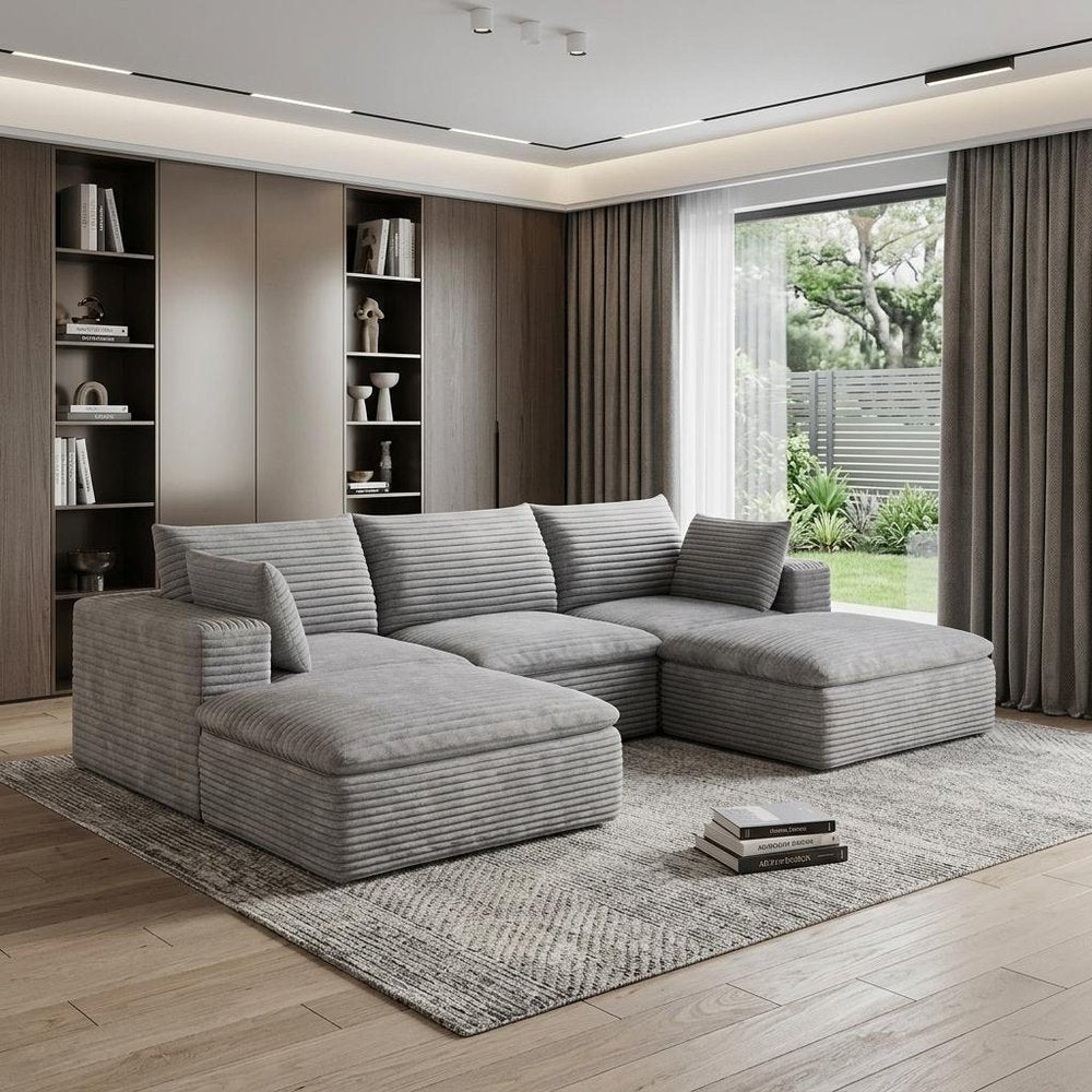 102" Dark Gray Corduroy Modular Sofa With Ottoman And Toss Pillows
