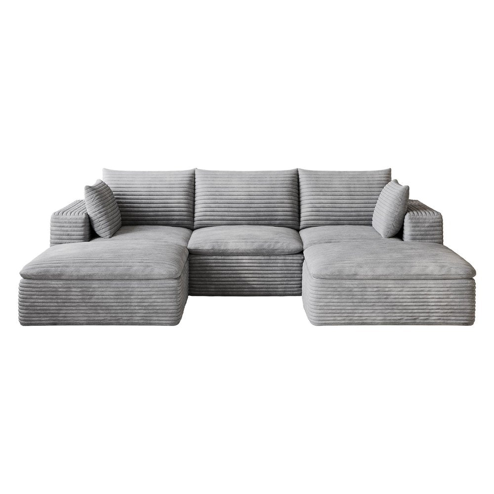 102" Dark Gray Corduroy Modular Sofa With Ottoman And Toss Pillows