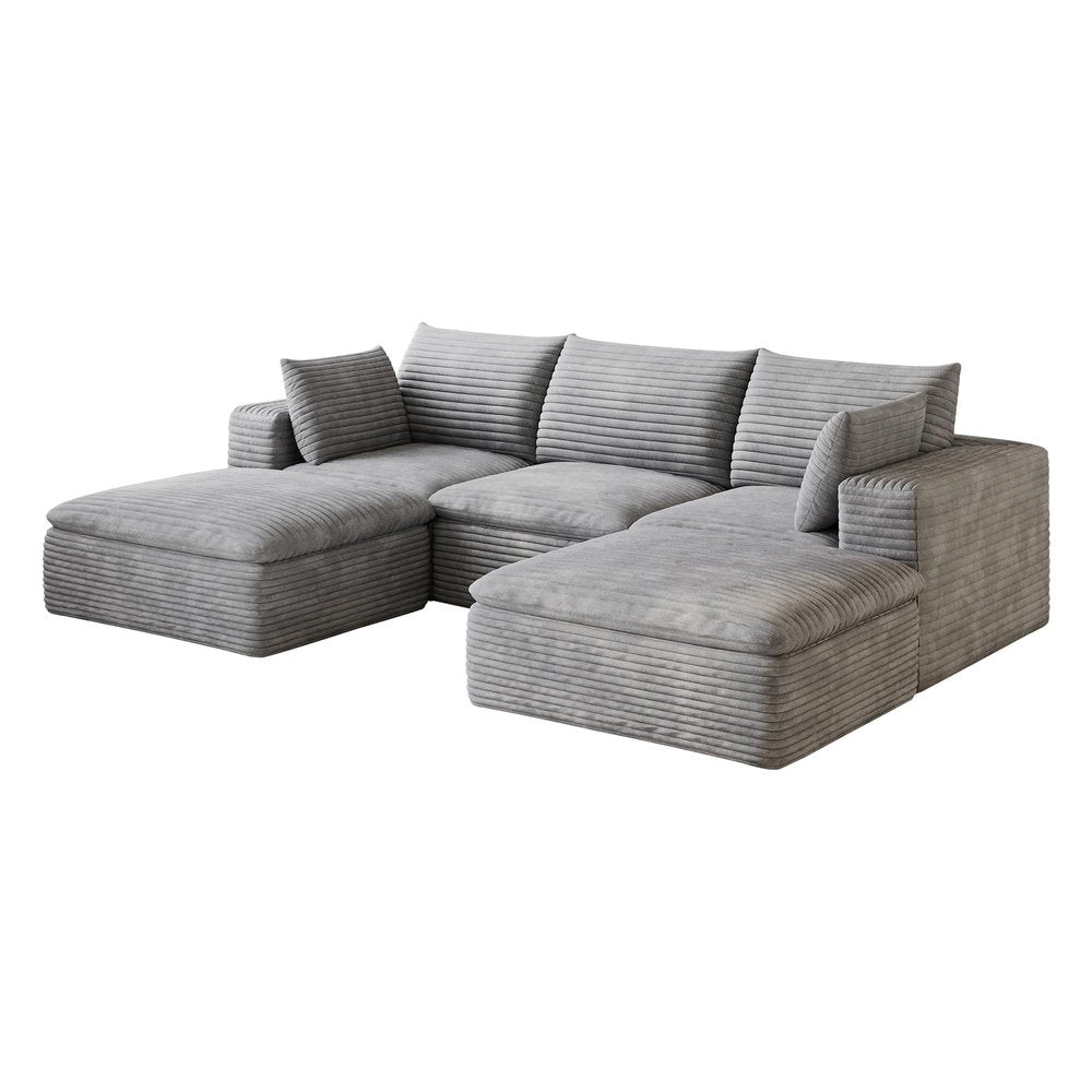 102" Dark Gray Corduroy Modular Sofa With Ottoman And Toss Pillows
