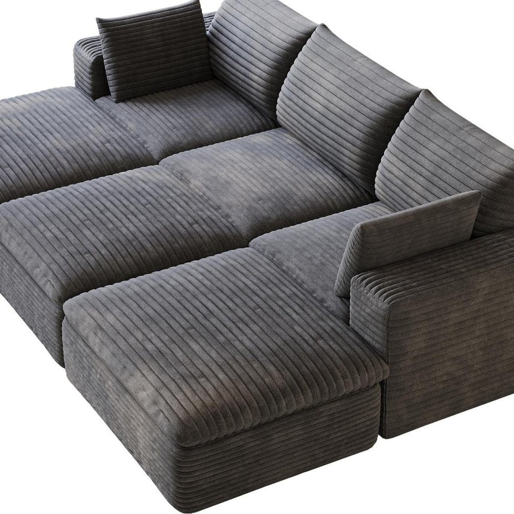 102" Dark Gray Corduroy Modular Sofa With Ottoman And Toss Pillows