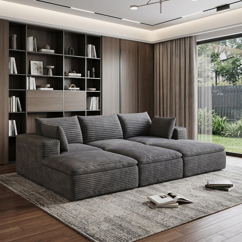 102" Dark Gray Corduroy Modular Sofa With Ottoman And Toss Pillows