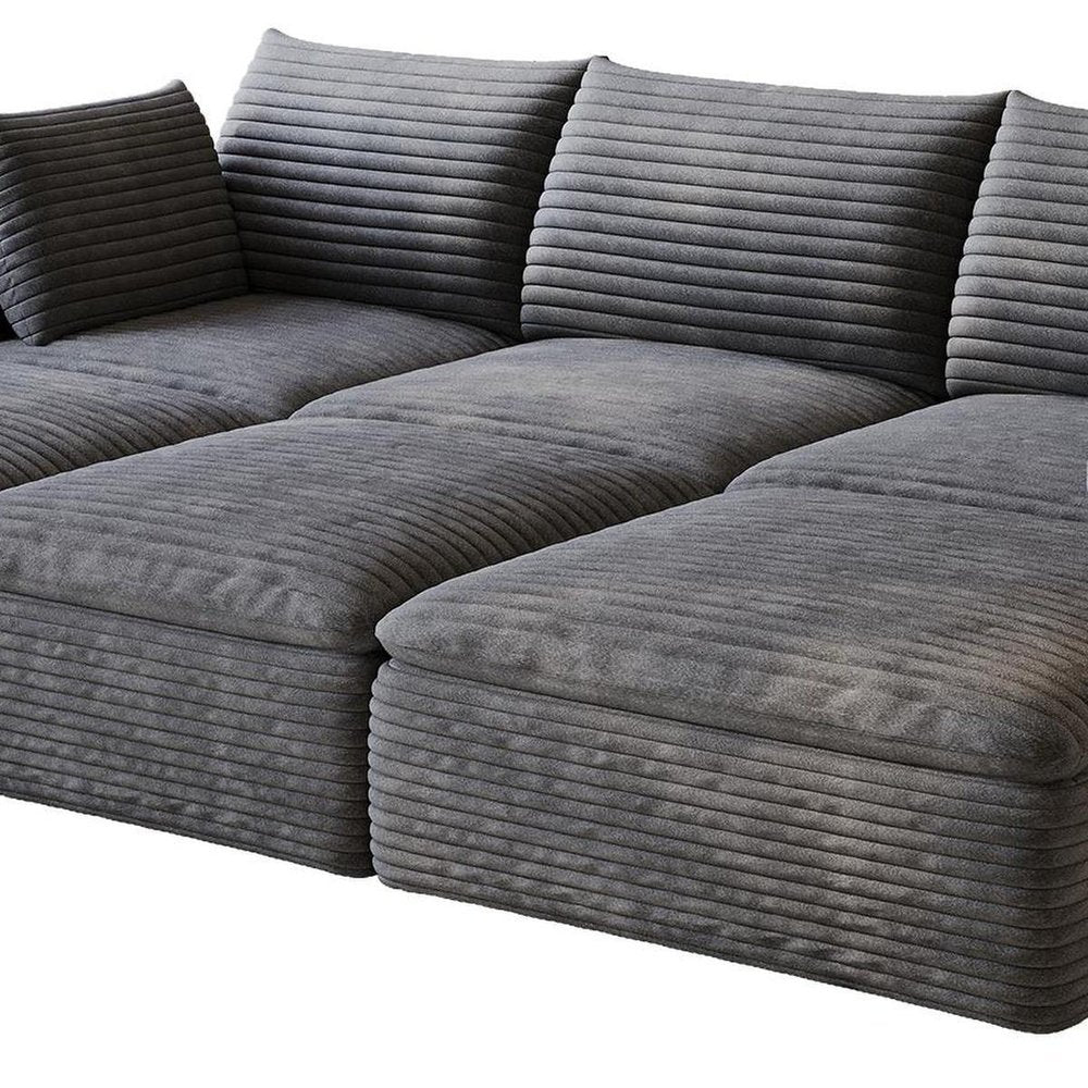102" Dark Gray Corduroy Modular Sofa With Ottoman And Toss Pillows