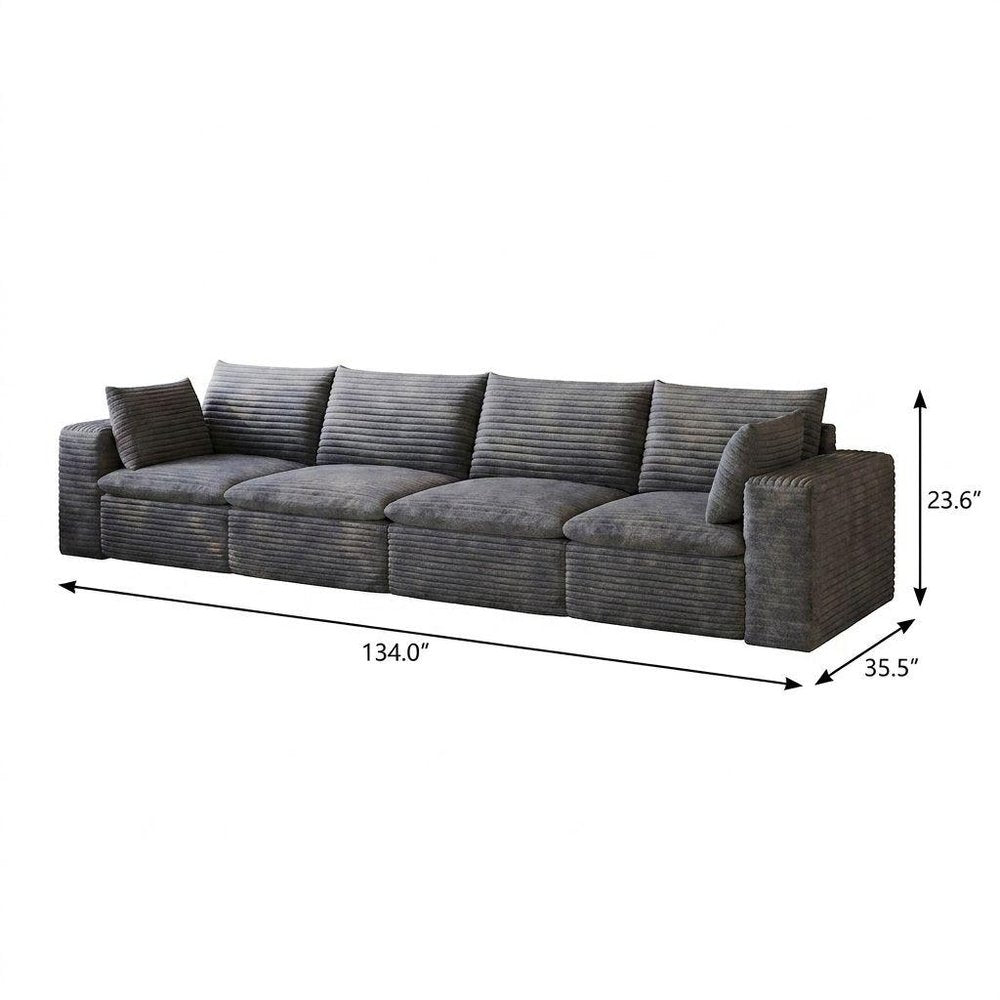 134" Gray Corduroy Modular Sofa With Toss Pillows