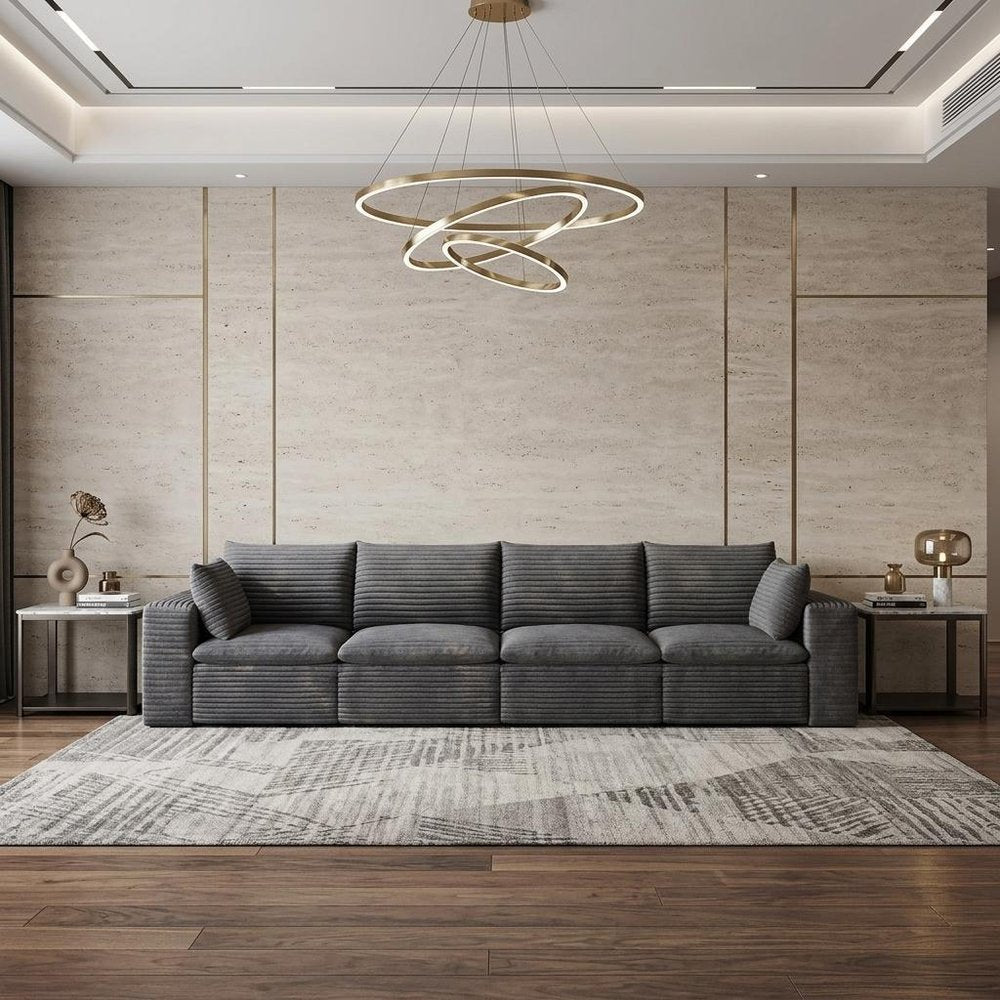 134" Gray Corduroy Modular Sofa With Toss Pillows