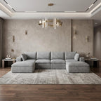 134" Gray Corduroy Modular Sofa With Ottoman And Toss Pillows