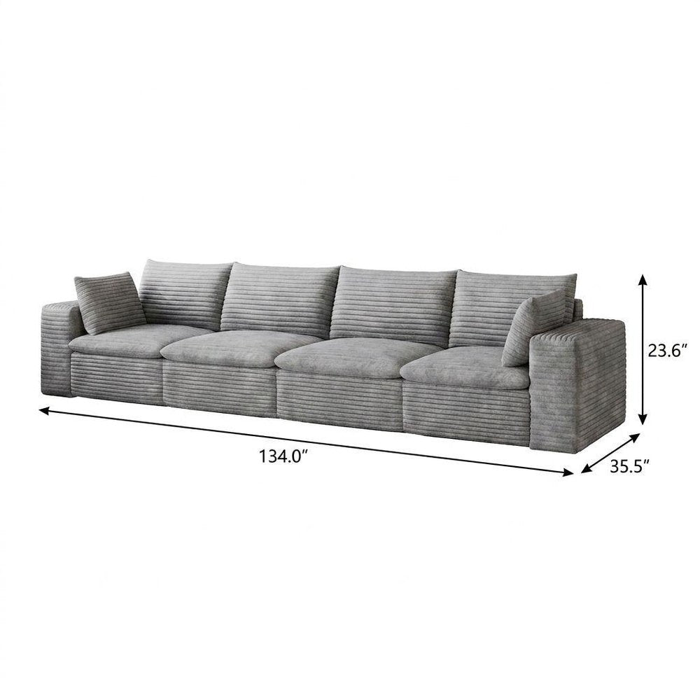 134" Gray Corduroy Modular Sofa With Toss Pillows