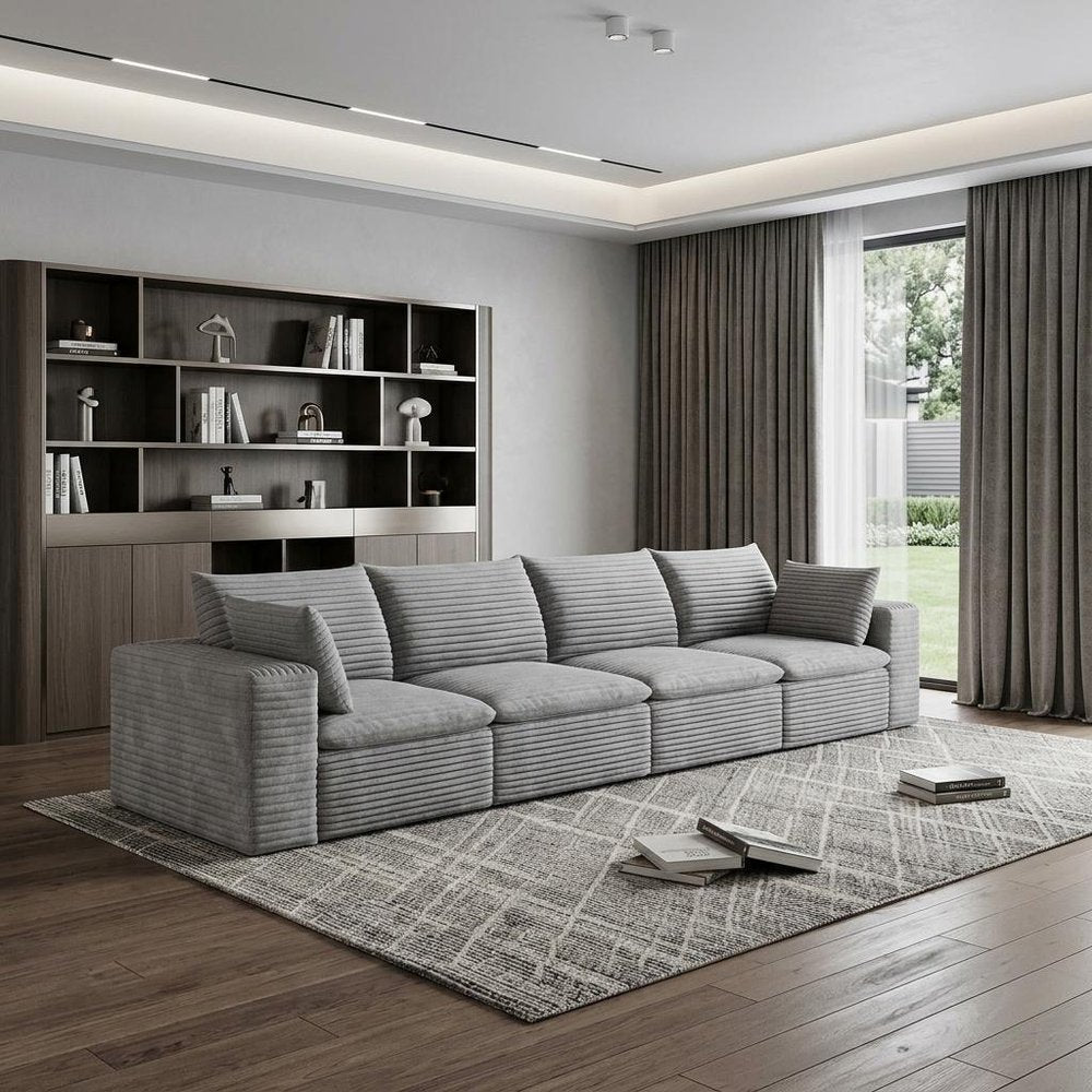 134" Gray Corduroy Modular Sofa With Toss Pillows