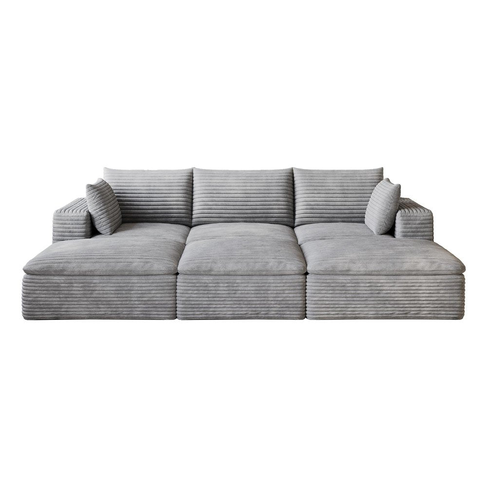 102" Gray Corduroy Modular Sofa With Ottoman And Toss Pillows
