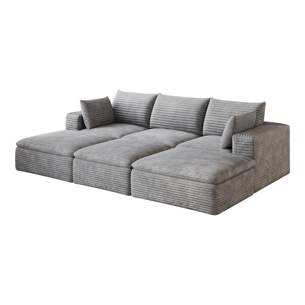 102" Gray Corduroy Modular Sofa With Ottoman And Toss Pillows