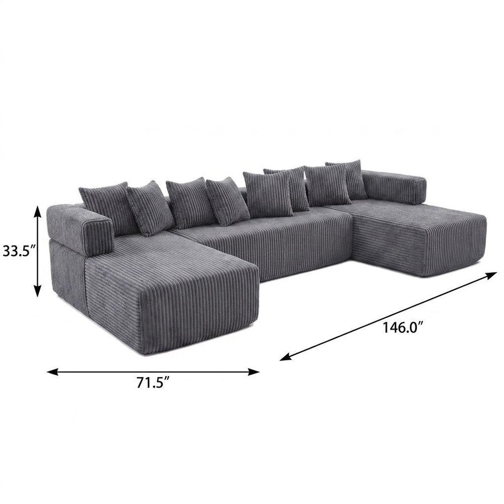 Black Corduroy Modular U Shaped Three Piece Corner Sectional With Console And Toss Pillows