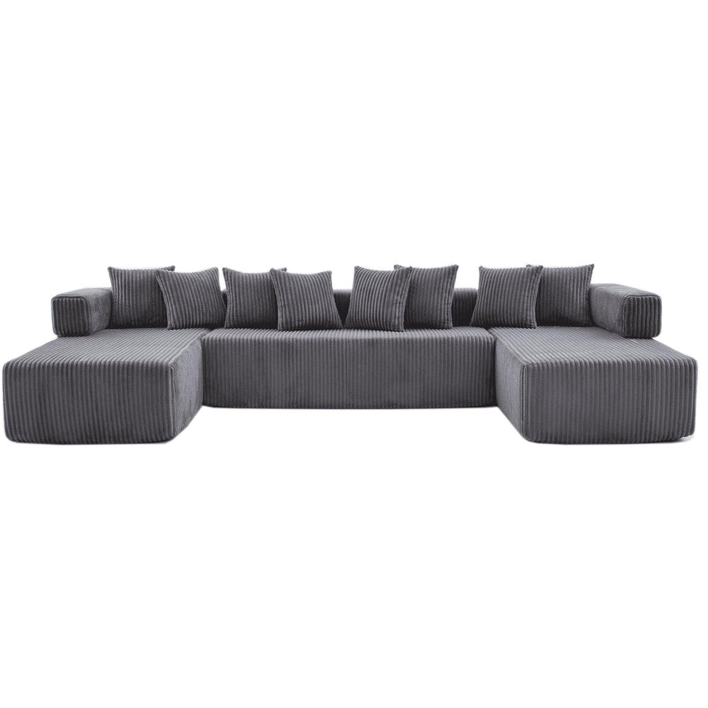 Black Corduroy Modular U Shaped Three Piece Corner Sectional With Console And Toss Pillows