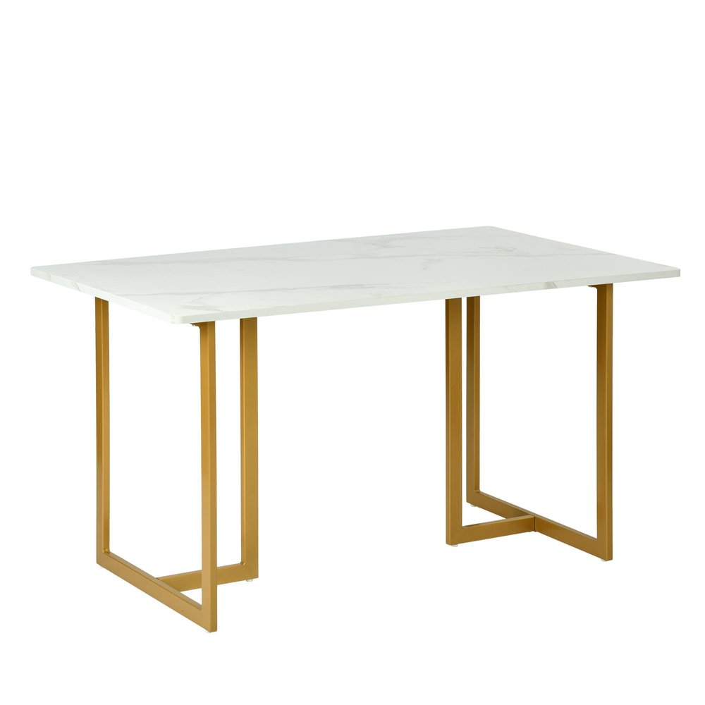 55" White And Gold Faux Marble And Iron Sled Base Dining Table