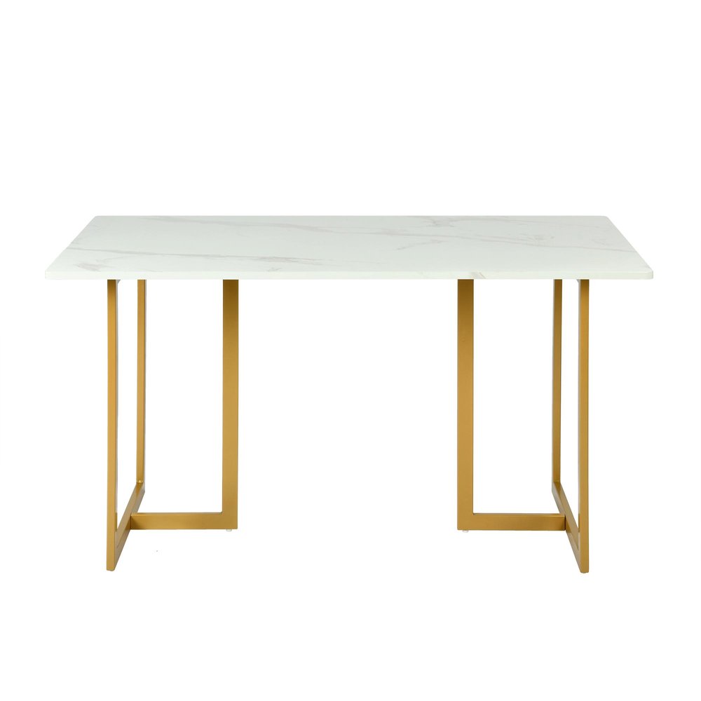 55" White And Gold Faux Marble And Iron Sled Base Dining Table
