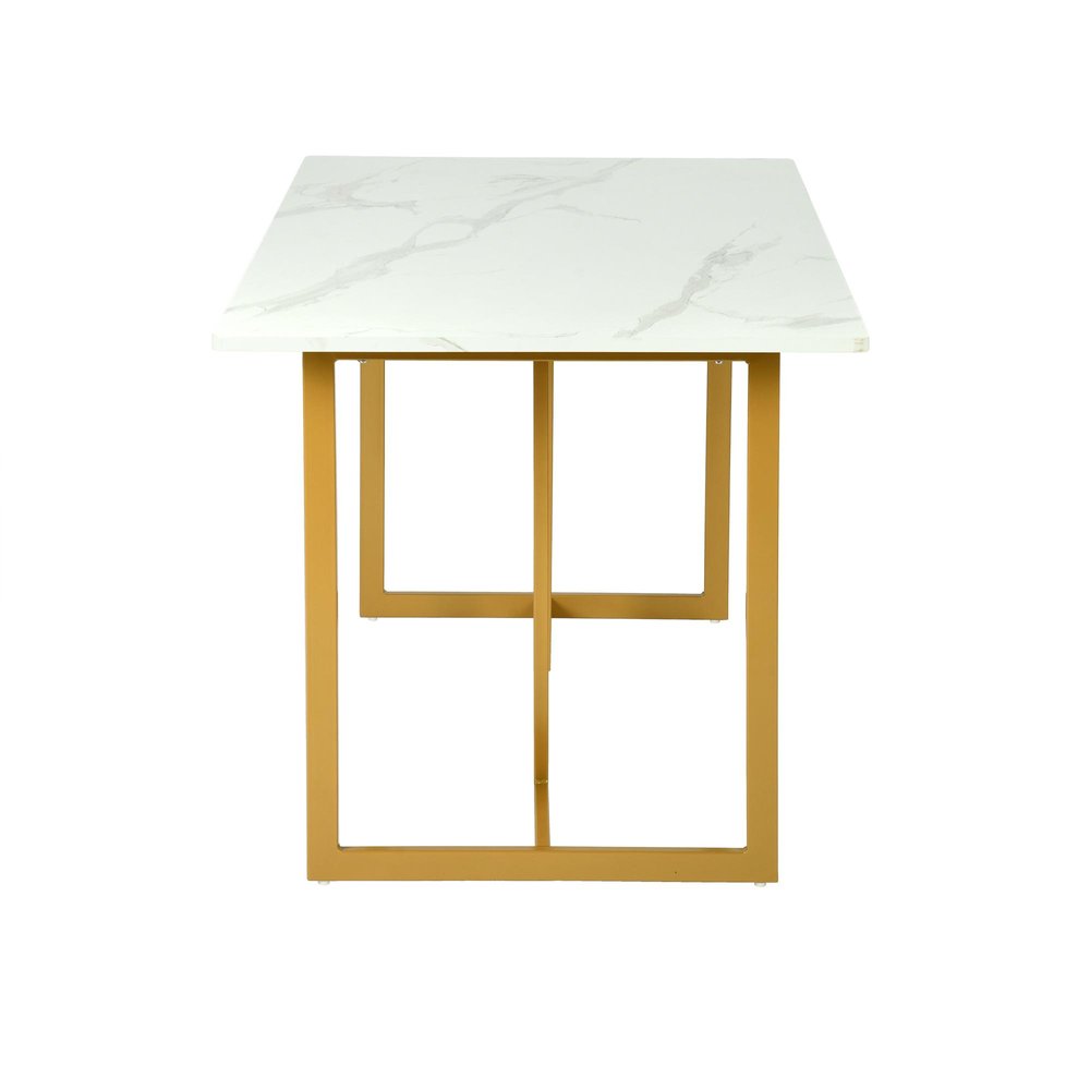 55" White And Gold Faux Marble And Iron Sled Base Dining Table