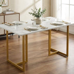 55" White And Gold Faux Marble And Iron Sled Base Dining Table