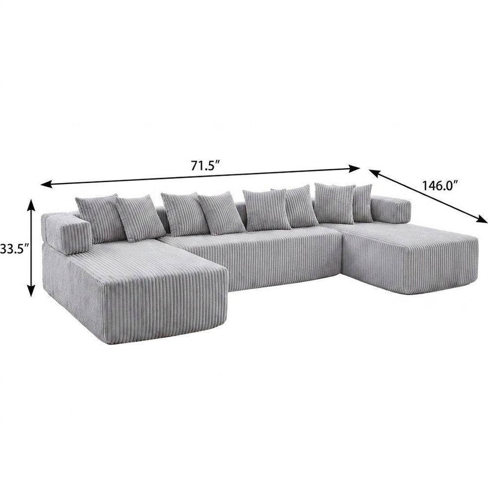 Black Corduroy Modular U Shaped Three Piece Corner Sectional With Console And Toss Pillows