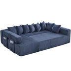 Blue Corduroy Modular U Shaped Three Piece Corner Sectional With Console And Toss Pillows