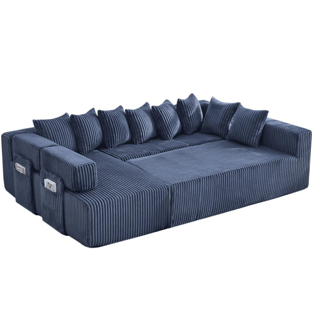 Blue Corduroy Modular U Shaped Three Piece Corner Sectional With Console And Toss Pillows