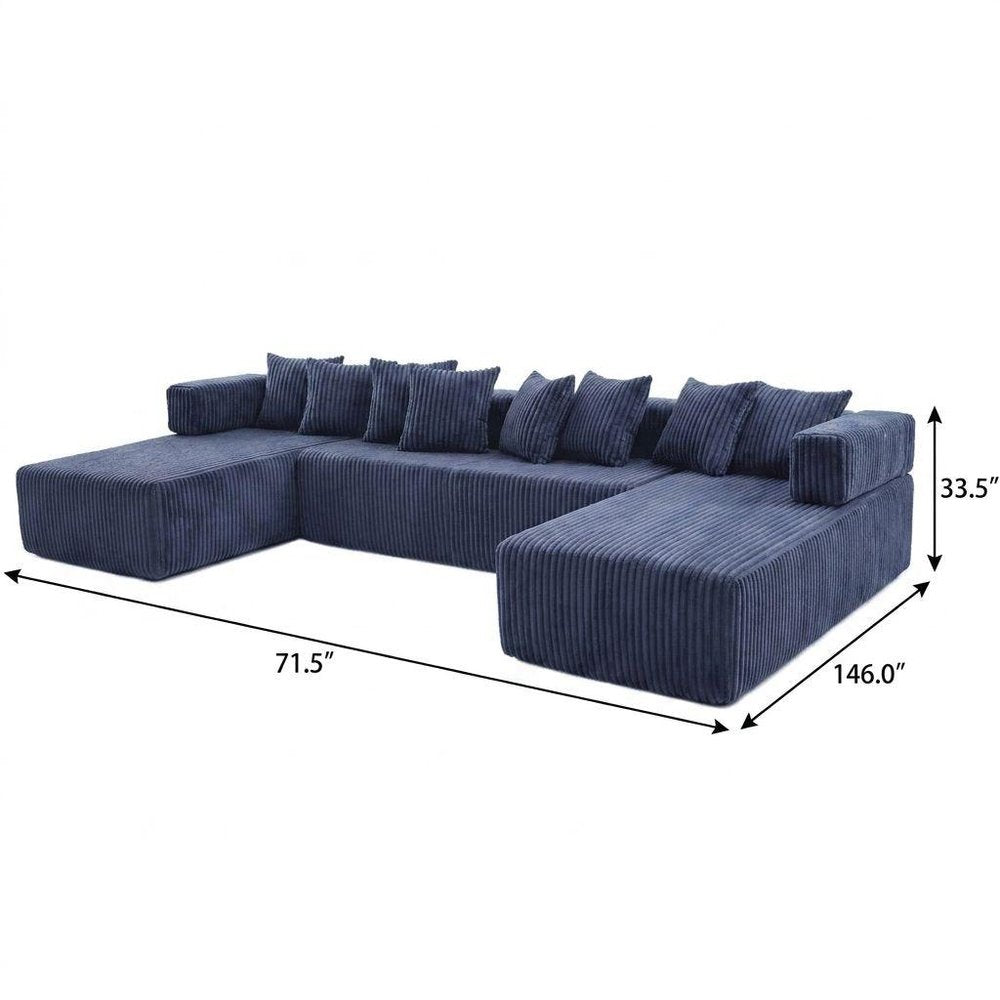 Blue Corduroy Modular U Shaped Three Piece Corner Sectional With Console And Toss Pillows