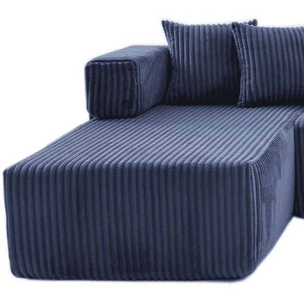 Blue Corduroy Modular U Shaped Three Piece Corner Sectional With Console And Toss Pillows