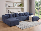 Blue Corduroy Modular U Shaped Three Piece Corner Sectional With Console And Toss Pillows