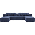 Blue Corduroy Modular U Shaped Three Piece Corner Sectional With Console And Toss Pillows