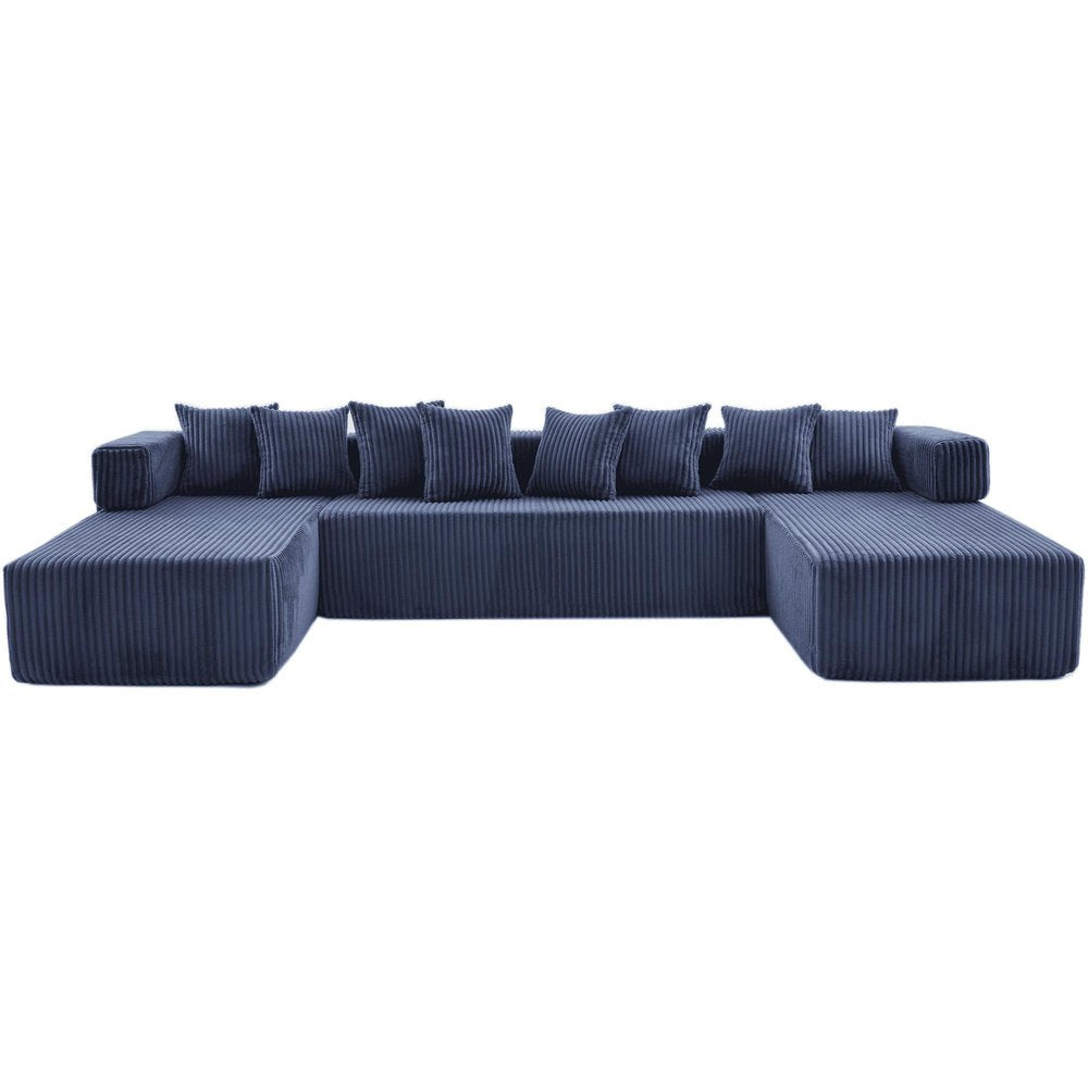 Blue Corduroy Modular U Shaped Three Piece Corner Sectional With Console And Toss Pillows