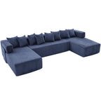Blue Corduroy Modular U Shaped Three Piece Corner Sectional With Console And Toss Pillows