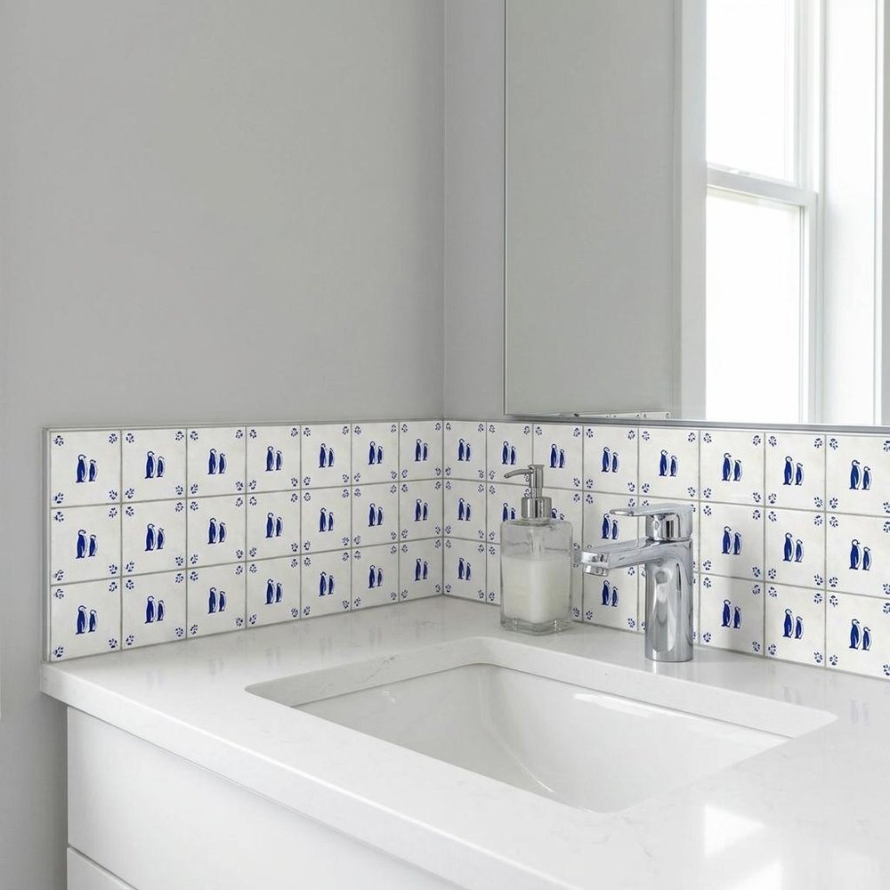 4" x 4" Blue Vinyl Arabesque Peel And Stick Removable Tiles