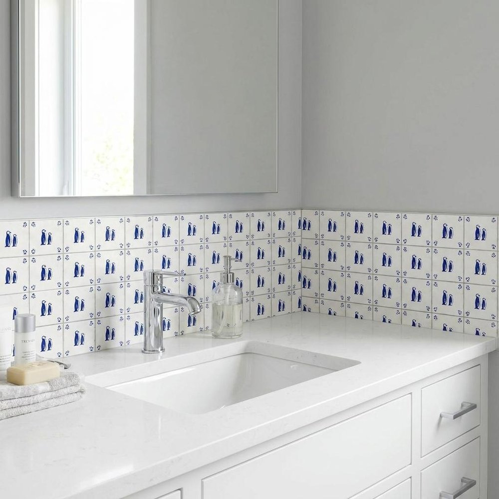 5" x 5" Blue Vinyl Arabesque Peel And Stick Removable Tiles