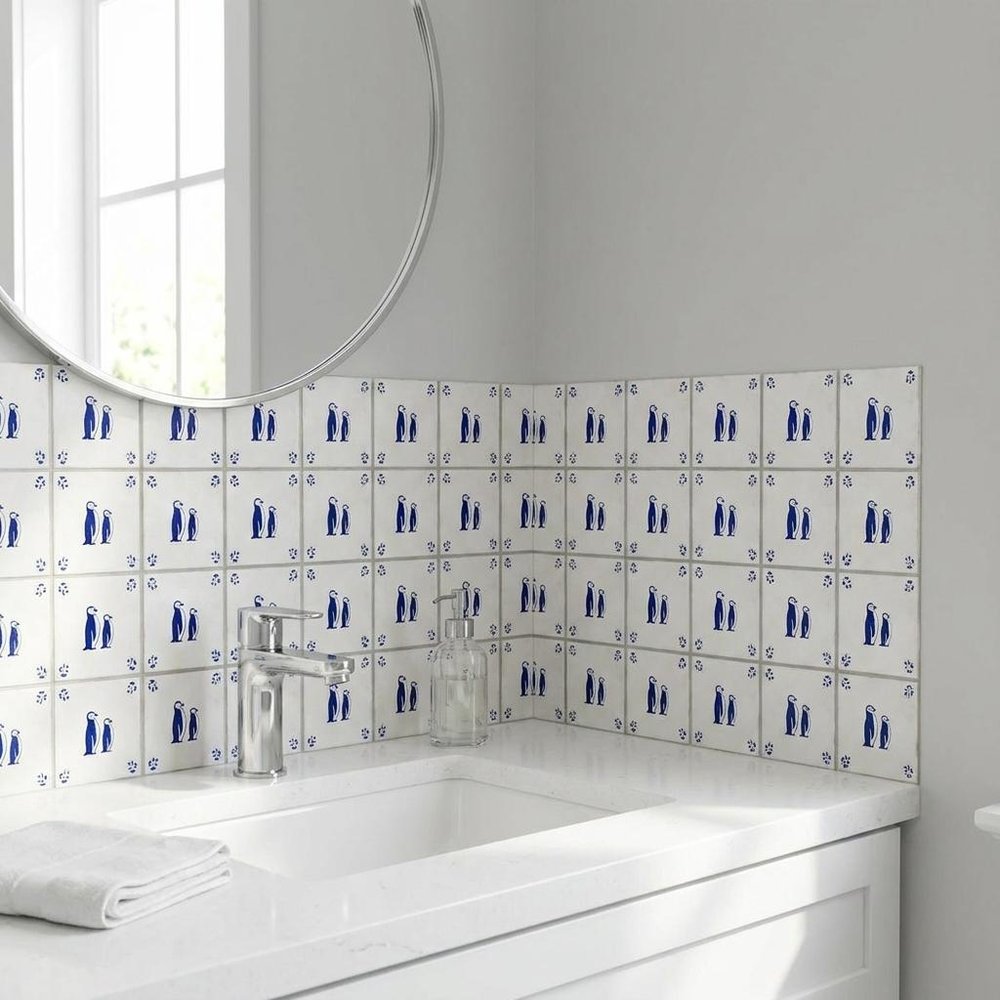 6" x 6" Blue Vinyl Arabesque Peel And Stick Removable Tiles