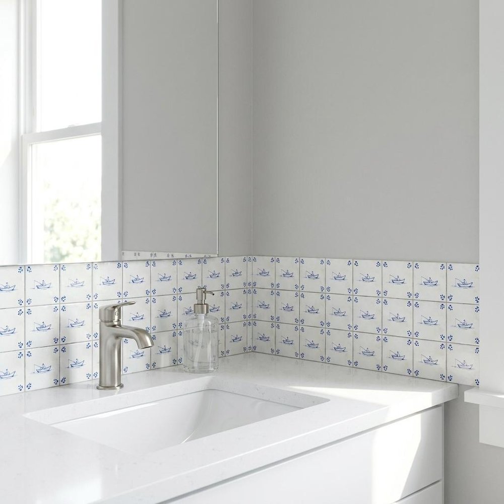 5" x 5" Blue Vinyl Arabesque Peel And Stick Removable Tiles